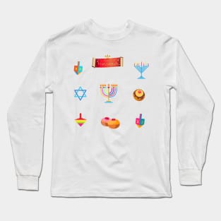 Jewish Holiday Hanukkah Menorah traditional Chanukah symbols - wooden dreidels (spinning top), Torah, donuts, menorah candles, oil jar, star David glowing lights pattern Kids Party Long Sleeve T-Shirt